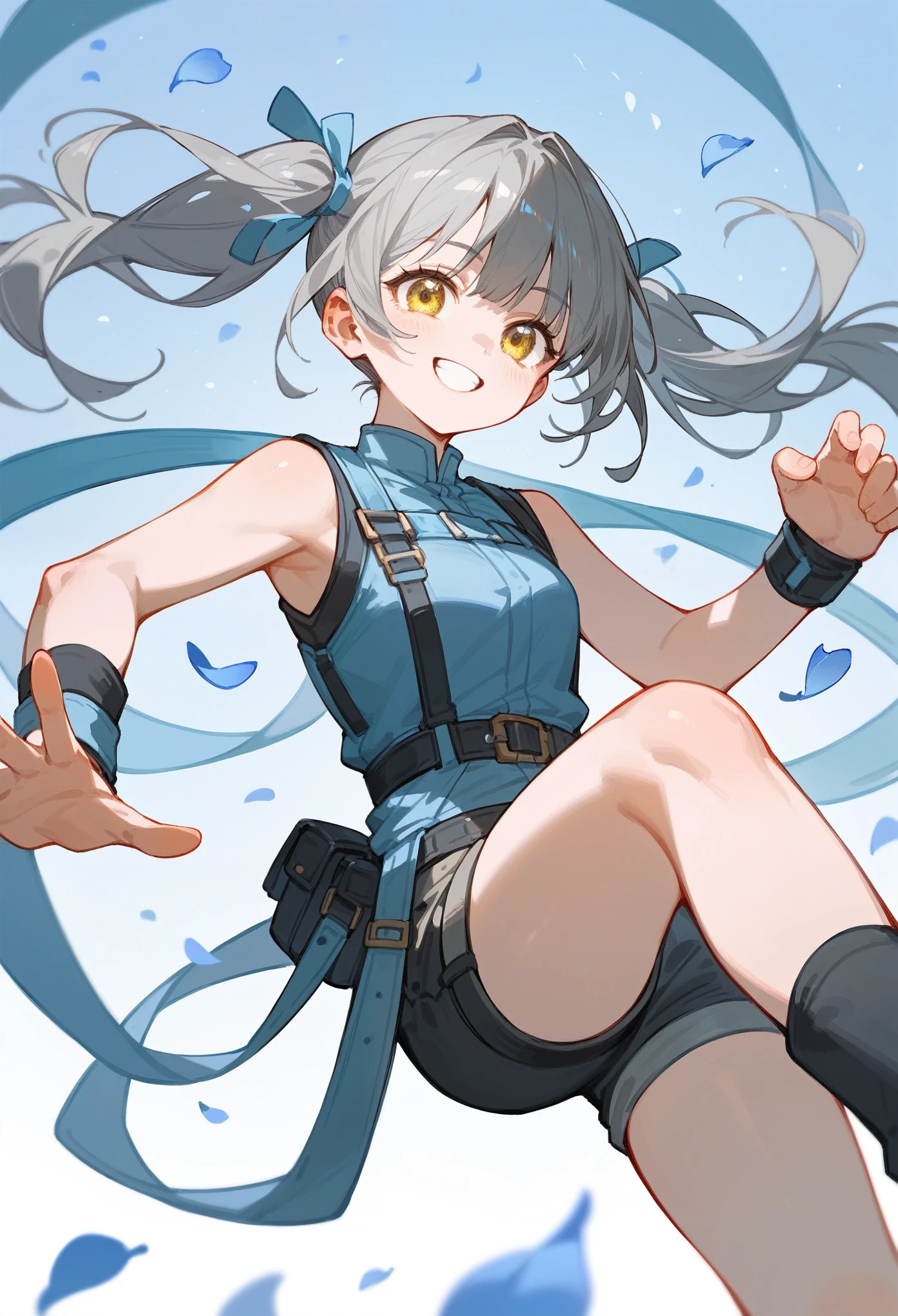 dynamic pose, neat black sleeveless, yellow eyes, dark gray hair, light blue petals, shorts, ((high quality)), lap belt, light blue harness, smile, pigtails, woman alone