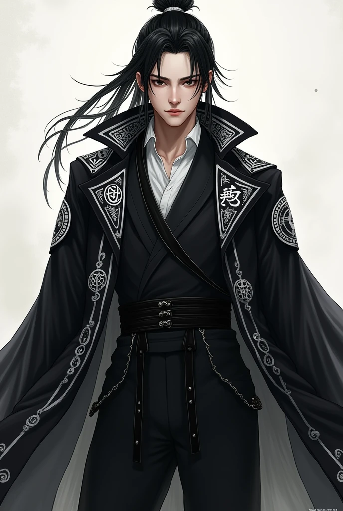 one men, Cao Cao, considerably young, with straight black hair, black eyes with deep dark circles, wearing a kind of mix of black suit with black overcoat, and inside the suit a white shirt, a pair of black sweatpants, your coat has white details, your overcoat has a kind of "layer" black with symbols on the edges and inside.