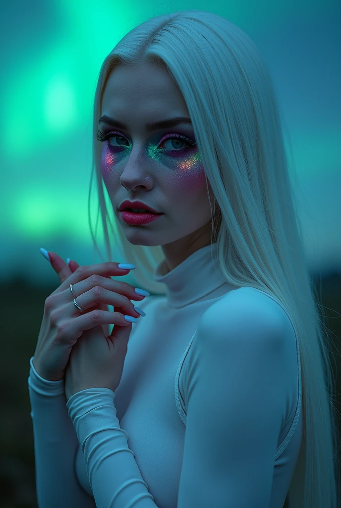 hyperrealistic image, phone camera, hd resolution, woman, exotic features, artistic makeup, conceptual pose, artistic expression, instagram photo style, woman, exotic, attractive eyes, intergalactic, natural lighting, night, aurora borealis, extraterrestrial, exotic makeup, shine makeup, shine skin, colored eyeshadow, exotic pose, half body angle, white hair, subtle colored highlights,alien vibe, full body image, subtle alien characteristics, little clothing, latex clothing, white clothing, second skin clothing, tight clothing, hands positioned like a model's, shiny body, alien, long hair,very straight hair, flying hairz strange woman, eyes apart, big eyes, very shiny skin, body skin shine, long straight hair, straight hair, white clothes