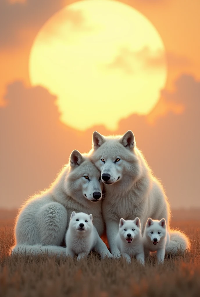A couple of white wolves cuddling, with big sun in the background, with three white wolf pups playing