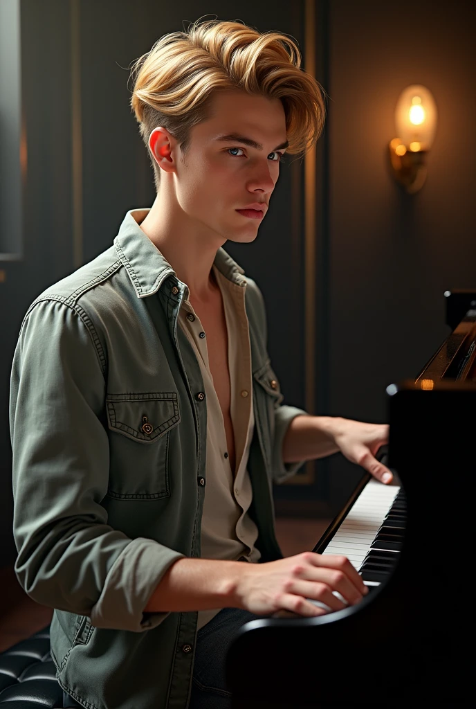 pianist　male　30th Generation　Blonde　Blue Eye　shirt　Open-neck jacket