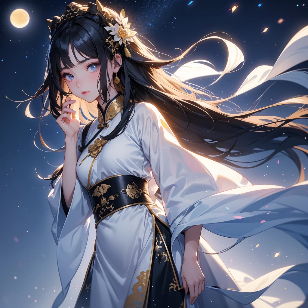 A beautiful girl with black long hair, wear white ancient chinese clothes, with the sun shining on her face.

Background is a dark night, with moonlight and millions of stars, twinkling everywhere, with blue light