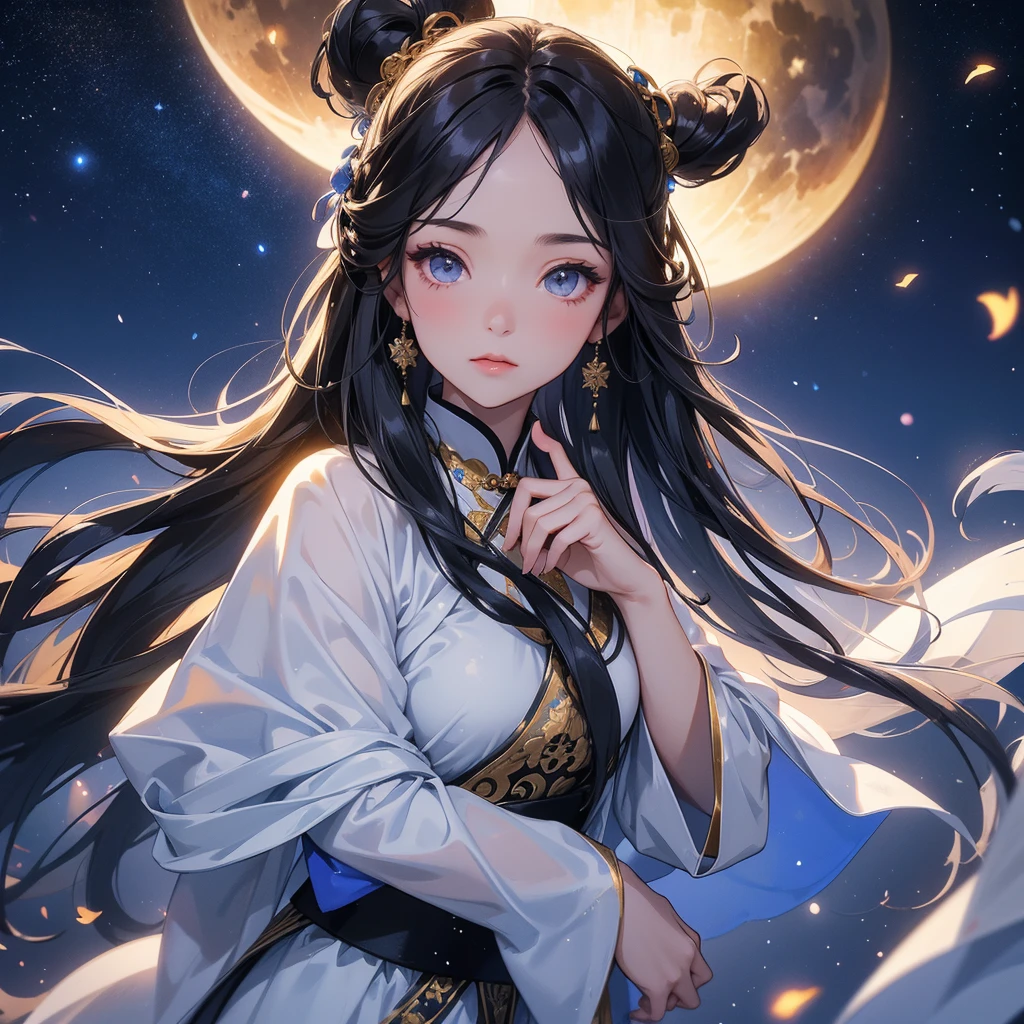 A beautiful girl with black long hair, wear white ancient chinese clothes, with the sun shining on her face.
Background is a dark night, with moonlight and millions of stars, twinkling everywhere, with blue light