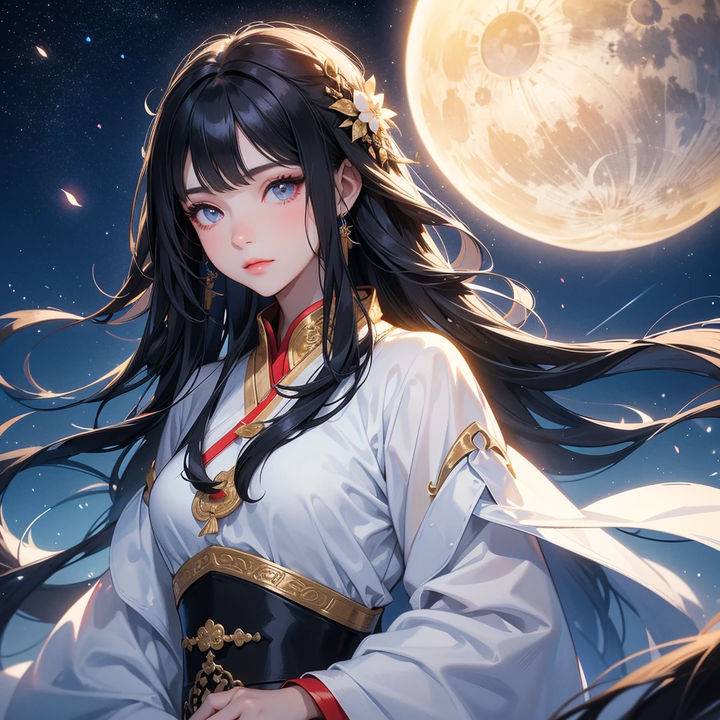 A beautiful girl with black long hair, wear white ancient chinese clothes, with the sun shining on her face.

Background is a dark night, with moonlight and millions of stars, twinkling everywhere, with blue light