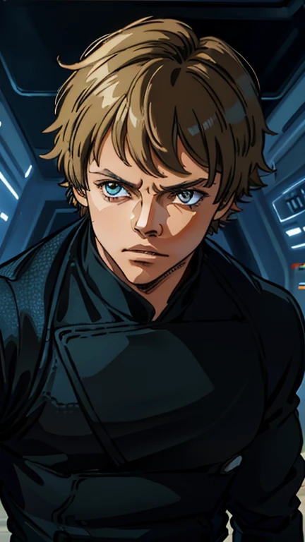 (1man, Luke Skywalker), (extremely detailed CG unit 8k wallpaper),(master part), (best quality), (ultra detail), (best illustration),(One Piece Style), cowboy shot, (Sharp eyeliner, ombre, detailed eyes:1), AlienCorridor background, break , upper body, close up,