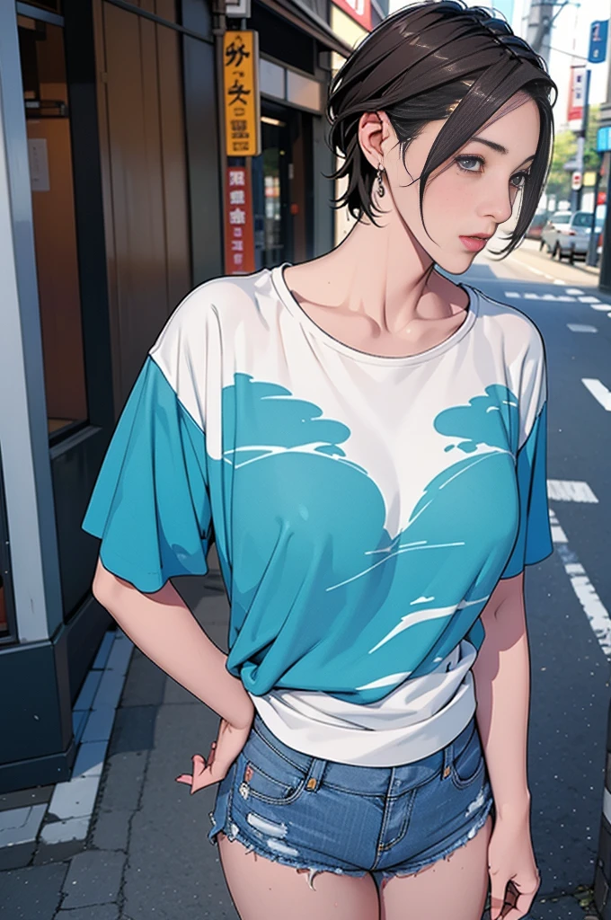 individual,short hair,Photorealism,detailed,masterpiece,teenager,Beautiful girl,Denim shorts,Bustling streets of Tokyo,t-shirt,Confuse