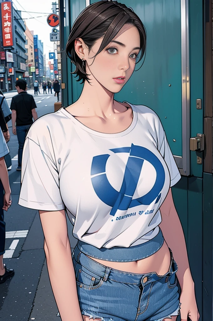 individual,short hair,Photorealism,detailed,masterpiece,teenager,Beautiful girl,Denim shorts,Bustling streets of Tokyo,t-shirt,Confuse