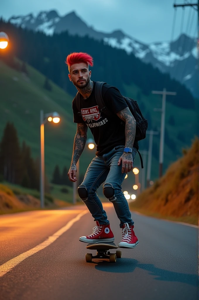 a fat young handsome Punk skateboarding with red mohawk and upturned jacket covered in tattoos on his arms,he is bodys is fat with a cool pose, confidently riding a skateboard down a winding mountain road ferry fasted and showing a free style, framed by the night golden light of the street. He is wearing a black t-shirt with a vintage VAN logo on his chest and a bag on his back, and denims jeans and use red converse shoes. The man look at the camera, his hands protected by black gloves, adding a personal touch to the thrilling scene. He also wears knee and elbow pads, ensuring safety as he navigates the turns with ease. The background is midnight lanscape features rolling green hills and snow-capped mountains in the distance, creating a stunning contrast to the rider’s dynamic movements, amplifying the excitement. In the distance. The image exudes the thrill of downhill skateboarding, the beauty of the natural scenery, and the fearless energy of the rider, with an Instagram-worthy night atmosphere.