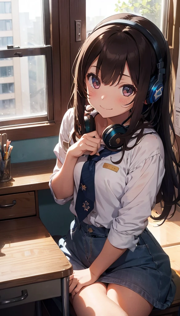 One girl, High resolution, Long Hair, Gaze, Brown Hair, smile, masterpiece, Old room,Desk is cluttered,View of the Milky Way from the window,night,is sitting at a desk with headphones on and studying