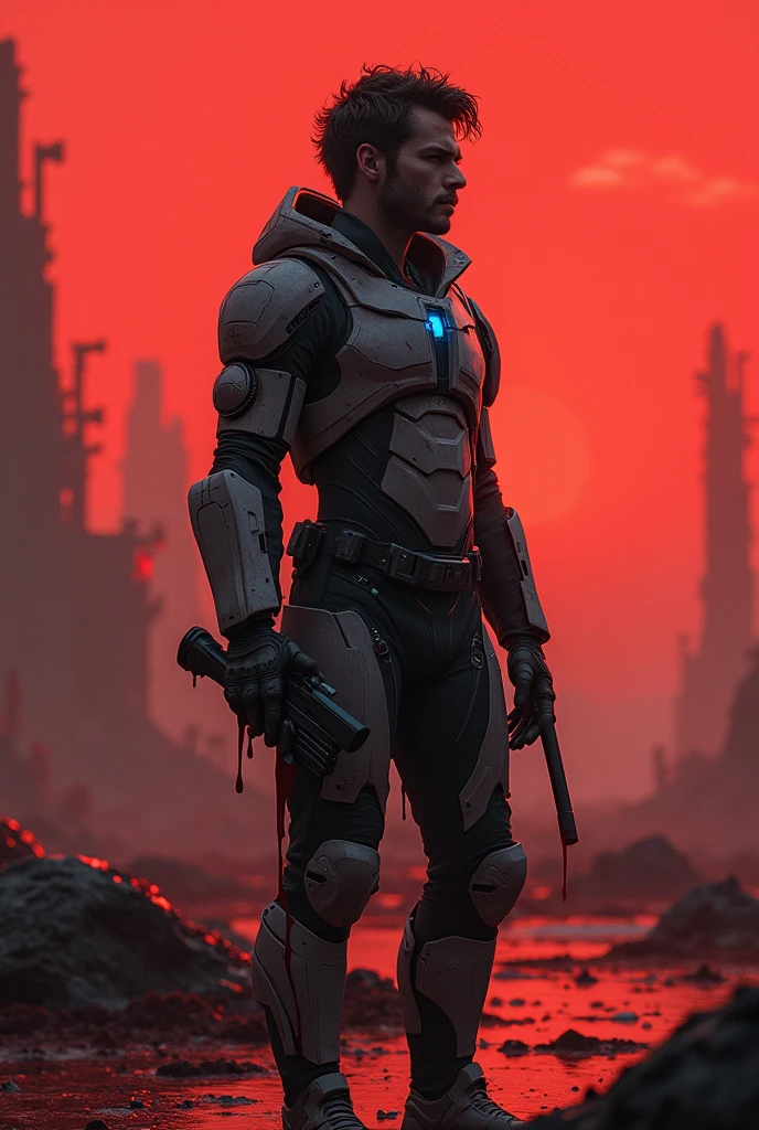 Picture of a alone and lonely man at the end of world,looking like he is really exhausted and tired of this world,make him look futuristic, wearing futuristic outfit,his hair is messy,make him look like he doesn't want to be alive and want to left earth , around his is all destroyed at war holding futuristic weapon,make sky red,looking like cinematic universe,around him peoples and other hight tech warrior are dead,make his face more clear and well defined,create a destroyed red like lava moon,his blue is glowing,big towers and building are destroyed ,his body is harmed and blood is flowing from his arm to tip of fingers