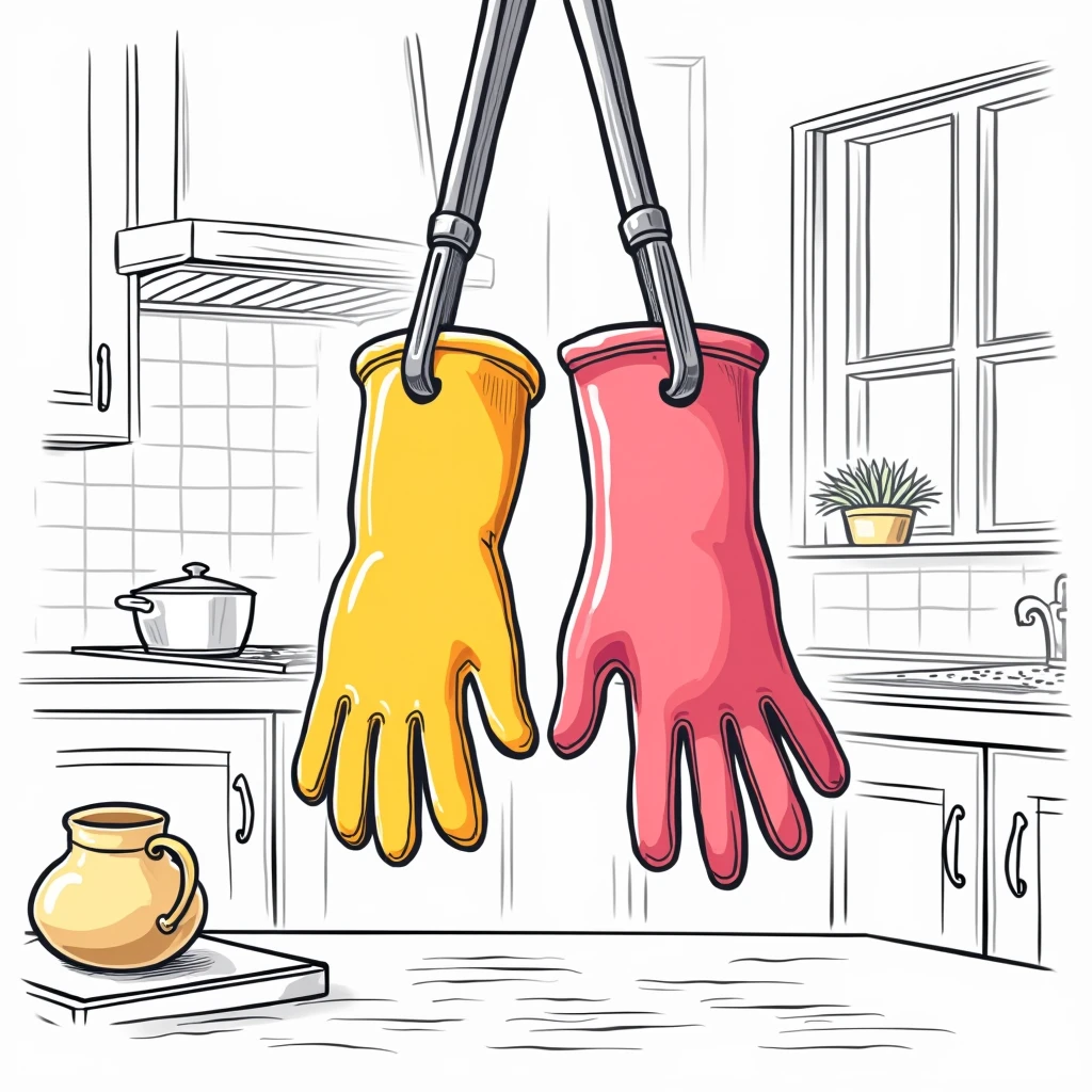 Create a whimsical and vibrant scene featuring two identical colorful gloves hanging to dry on a pair of cooking tongs. The gloves should be bright and eye-catching, showcasing a playful design. The background can include a cozy kitchen setting, with hints of sunlight streaming through a window, casting soft shadows.
High quality image, black and white line art image