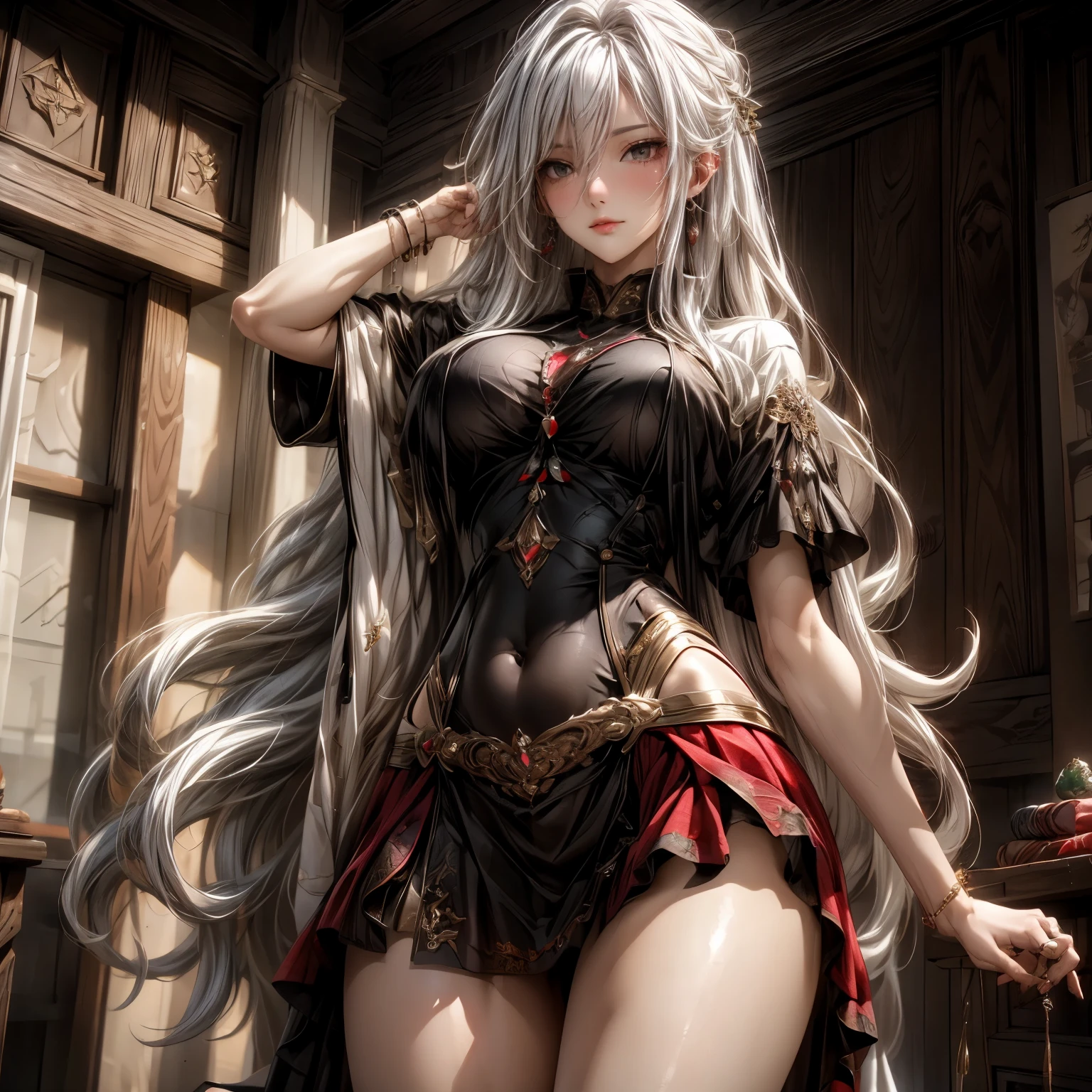 (best quality)), ((Masterpiece)), (details:1.4), 3d, HDR (high dynamic range), an image of a beautiful cyberpunk female, fantasy, medieval, black hair, Curtain Bangs, full body, Beautiful White eyes, จมูกโด่ง, ปากแดง, หน้าอกใหญ่, nvidia RTX, PBR surface, After processing, Anisotropic filtration,depth of field, Maximum clarity and clarity, multi-layered surface, Subsurface scattering, perfect proportions, 8K raw files, ultra detailed, Perfect proportions, volumetric lighting, soft lighting, Holy Paldin, Heavy Golden Armor, black dress, intricate Silver embroidery, glossy skin, Bed room Background, jewely, ต่างหู, นิ้วมือสมบูรณ์, perfect fingers, mini Red skirt,