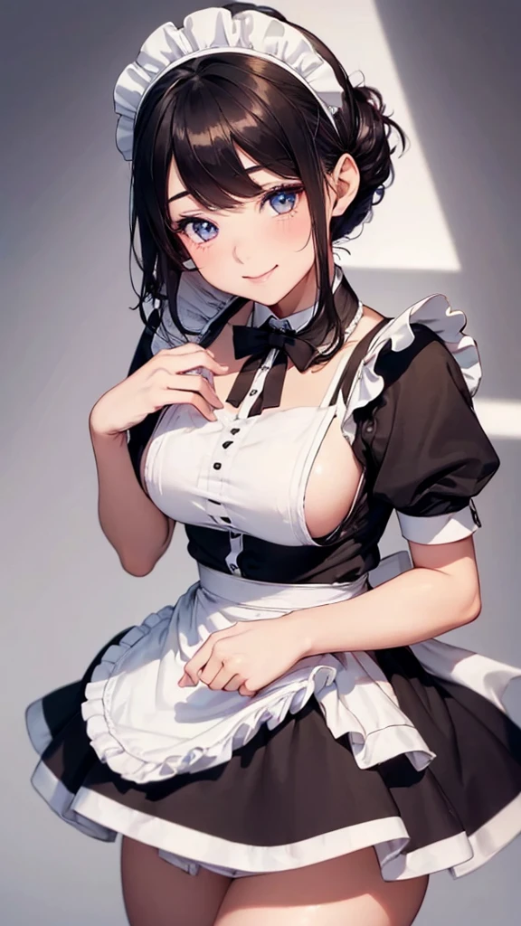 ((beautiful maid:1.5),high resolution, top quality),wearing maid's uniform,soft hands, big bright eyes, dark and vibrant curled hair, sweet smile, rosy cheeks, soft light, pure white background.
