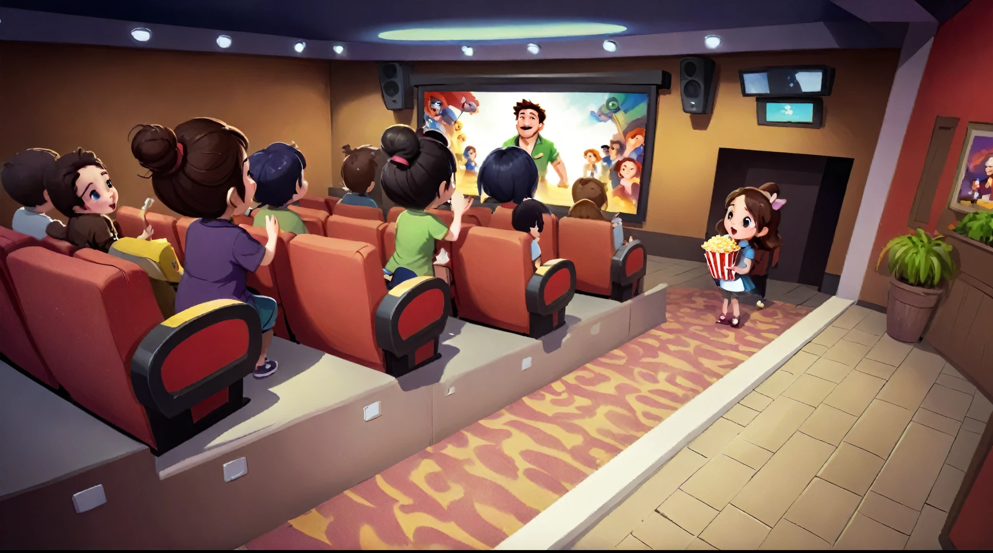 Bright，movie theater，A group of audiences watching a movie，Original scene painting，Character Q version，cute