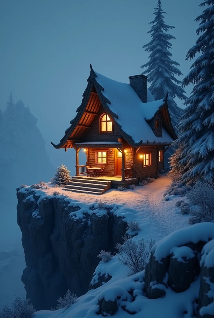 A hut on a snow-capped mountaintop, Icicles, cool, Inner light, nighttime, cold wind, It&#39;s snowing, dark cool nighttime, (best quality,4K,8ก,height,Masterpiece:1.2),Very detailed,(realistic,photorealistic,photo-realistic:1.37),studio lighting,มีรายVery detailed,professional,bright colors,incredible light,movie elements