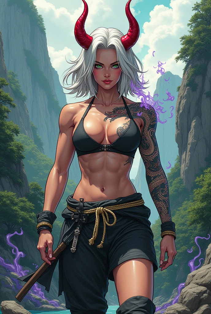 A highly detailed manga-style illustration of a very muscular woman. She has medium-length white hair and large red horns on her head. On her right pectoral and right arm, there is a dragon tattoo with purple steam emanating from the arm. She is surrounded by mountains and forests. She is wearing samurai-style pants with a rope belt and thigh-high boots. Her eyes are a bright green, and she is surrounded by a dark aura