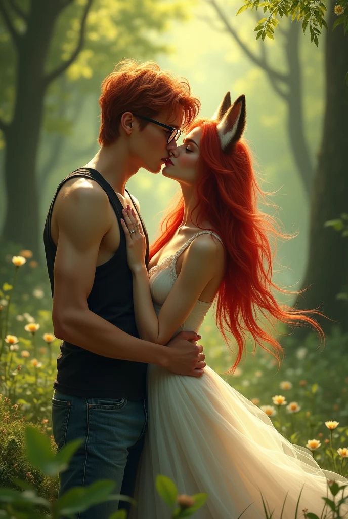 (raw photo, best quality) , (Realistic, photo-realistic: 1.4), extremely formidable overall plan, masterpiece, ultra-detailed, high resolution, best illustration, best shadow, complex, depth of field, very beautiful Western white woman with bewitching beauty (very realistic style), she has long red hair light brown eyes, she has a single beautiful fox tail, and beautiful medium-sized fox ears, she only has fox ears on her head ((she does not have human ears on her head)) ((we don’t see human ears on her head)), she wears a long fine white dress, she has a beautiful radiant smile, she is in a green forest, she hugs a young man, a 20-year-old human with wavy red hair, he wears rectangular glasses, he is dressed in blue jeans and a black tank top, the young man warmly embraces the young woman in his arms, both characters passionately kiss on the mouth in a passionate kiss, their mouths are glued to each other, they roll a lot letting their tongues touch in their mouths, it’s a long romantic kiss passionate and full of love, plan of ensemble, Photorealist style 8k, DSLR, high quality, (grain of the film: 1.4), Fujifilm XT3,