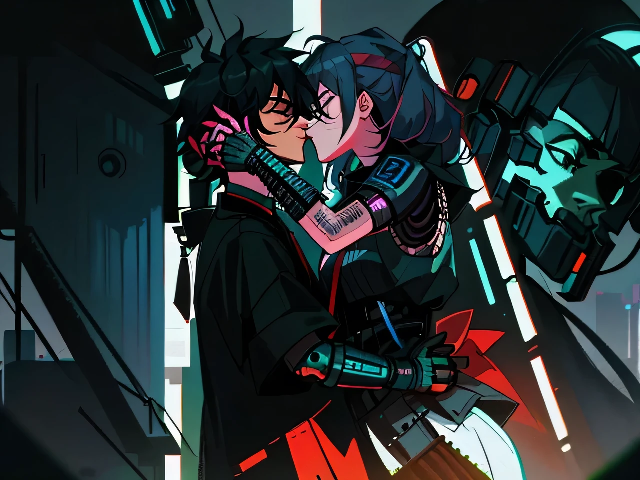 arafed image of a man and a woman hugging each other, reylo kissing, aesthetic shot, reddit post, kiss, xxxtentacion, very very low quality picture, 8 k highly detailed ❤🔥 🔥 💀 🤖 🚀, 2 k aesthetic, cyberpunk lut, playboi carti and lil uzi vert, videogame still, yaoiHD, (best detail), (best quality), Two-dimensional, cartoon,