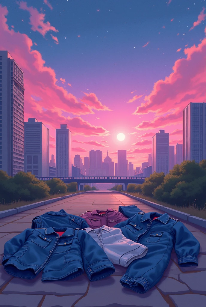 Lofi image of denim jackets shirts shoe jeans lying on the ground with cityscape in background and pink purple and blue starry sky and slightly realistic