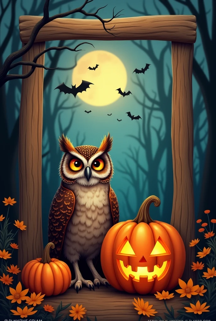 I want an owl and pumpkin themed frame. I want a square and very thick frame. I want it to be in the middle and have a Halloween pumpkin in the left corner and a Halloween forest and bats in the background..And the frame size should be medium