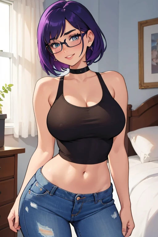 Beautiful young teenager, 1girl, purple hair, blue eyes, extremely short hair, lots of freckles, framed eyeglasses, heart shaped choker, happy, smiling, blushing, thick lips, full lips, gigantic breasts, extreme cleavage, deep cleavage, very thin body, tank top, sleeveless, bare arms, midriff, tight jeans, skinny jeans, thigh, perfect anatomy, teenage girl bedroom background, detailed background, sunny day, ultra-detailed, 4k, 8k, best quality, masterpiece