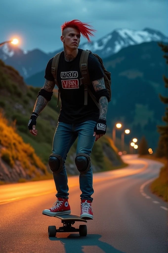a fat young handsome Punk skateboarding with red mohawk and upturned jacket covered in tattoos on his arms,he is bodys is fat with a cool pose, confidently riding a skateboard down a winding mountain road ferry fasted and showing a free style, framed by the night golden light of the street. He is wearing a black t-shirt with a vintage VAN logo on his chest and a bag on his back, and denims jeans and use red converse shoes. The man look at the camera, his hands protected by black gloves, adding a personal touch to the thrilling scene. He also wears knee and elbow pads, ensuring safety as he navigates the turns with ease. The background is midnight lanscape features rolling green hills and snow-capped mountains in the distance, creating a stunning contrast to the rider’s dynamic movements, amplifying the excitement. In the distance. The image exudes the thrill of downhill skateboarding, the beauty of the natural scenery, and the fearless energy of the rider, with an Instagram-worthy night atmosphere.