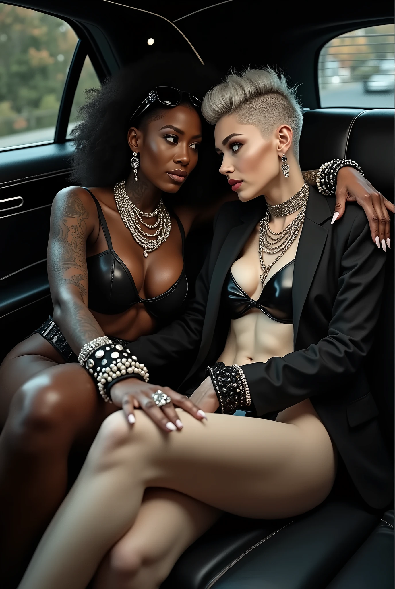 Two russian old milf women: the dominant aggressive dark skinned black woman in business suit (jacket and trousers), long nails and afro hair, sitting on the center of the back seat of a limousine with possessive stance (arms around her girlfriends' shoulders squishing her tightly, groping the body of the white woman with her other hand, like a predator on her prey). Next to her, her white rich drunk girlfriend leaning over her (very pale: pale face, pale neck, pale chest, pale arms, pale hands, pale stomach, pale leg), white woman stretches her neck, looks scared, afraid of her girlfriend. white woman is shy and submissive, feeling dizzy and needy, seduced, in laid back posture spreading her leg with hands on her knee and bra, chin up stretching her neck, arched back, wide open legs. White woman dresses in  rock chic style: Black shiny leather thong, grey hair (pouf, shaved sides, top bun) and oversized square sunglasses as headband. Big lips. Black strudded leather push up bra, silicone breasts. Barefoot.. Lots of thick wide studded bracelets in the wrists of the white woman, big pearl necklaces around the necks of the white woman, and big rings, Pearl earrings. Chains around the hips of the white woman. White woman is lazy, leaning back and forward,mand arching her back.. The white woman is densely tattooed on neck, chest, arms, stomach, legswrists and feet. White woman havs well Toned abdominals, thin neck, slim legs and thin arms. Narrow hips. Full body. On the back seat of an expensive limousine. Good illumination 