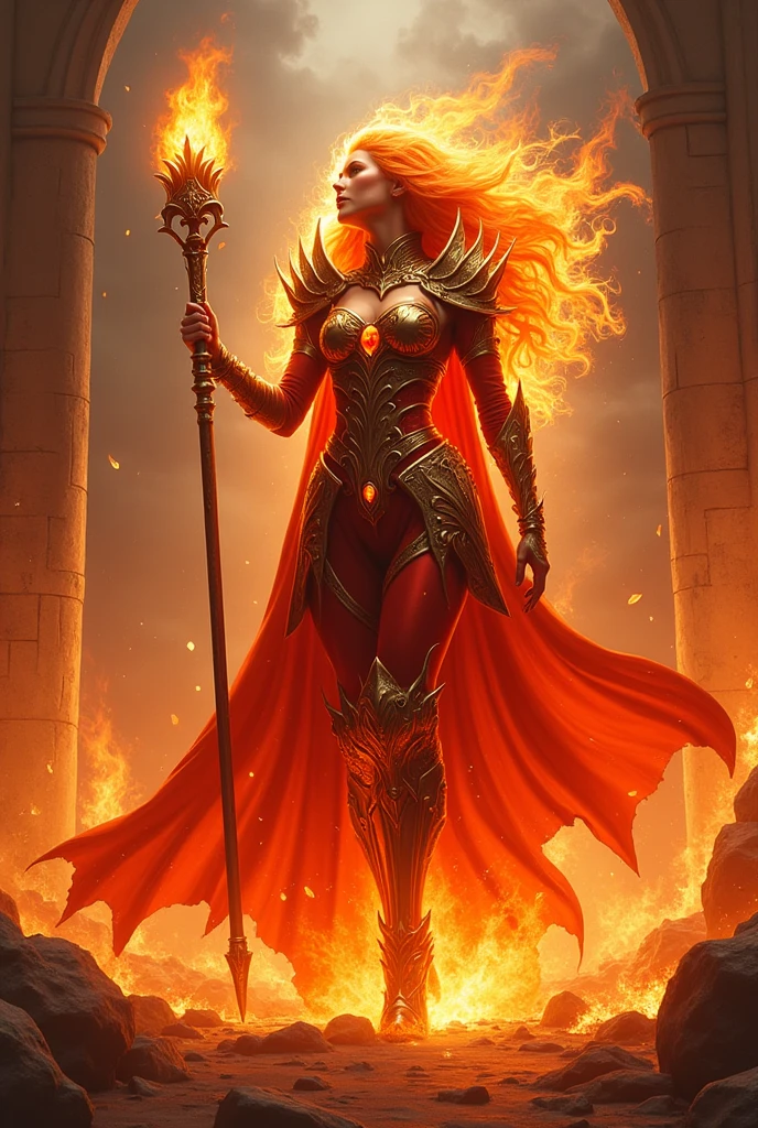 A fiery full-body action shot of "Inferno Queen," a ruler of flames. She is dressed in regal, flame-colored armor that glows with an inner heat, her long hair appearing as if it’s made of fire. She holds a scepter topped with a burning gem, and around her, flames roar and dance as if they’re alive. The background is a burning castle, with flames licking at the stone walls, illuminating her with a fierce, red-orange glow.