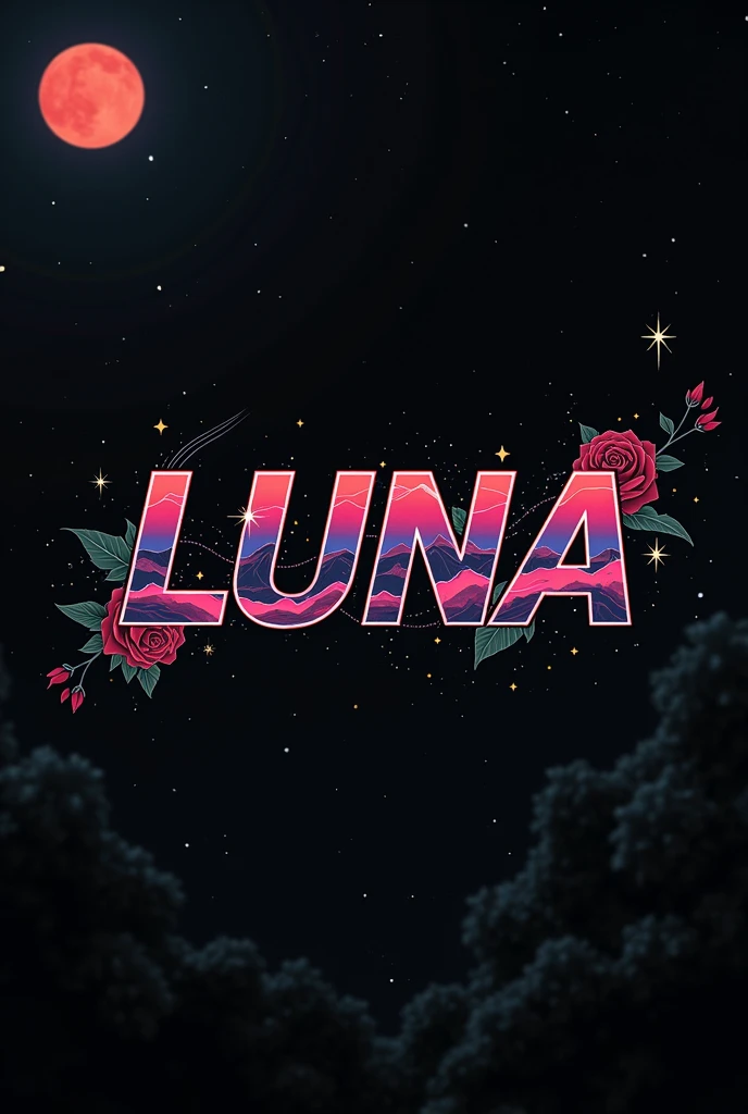 High resolution, logo spelling swiftly “Luna” cool, Jdm theme, anime theme, Cyberpunk vibe name spelling, brand logo, logo for tshirt, brand logo “LUNA”, neon vibes, acid trip vibes, acid trip, shooting stars, acid trip inside “LUNA”, acid trip, hallucinations inside “LUNA”, Waves of hallucinations, stars in the background, red strange moon, red roses with green leaves, blood moon,