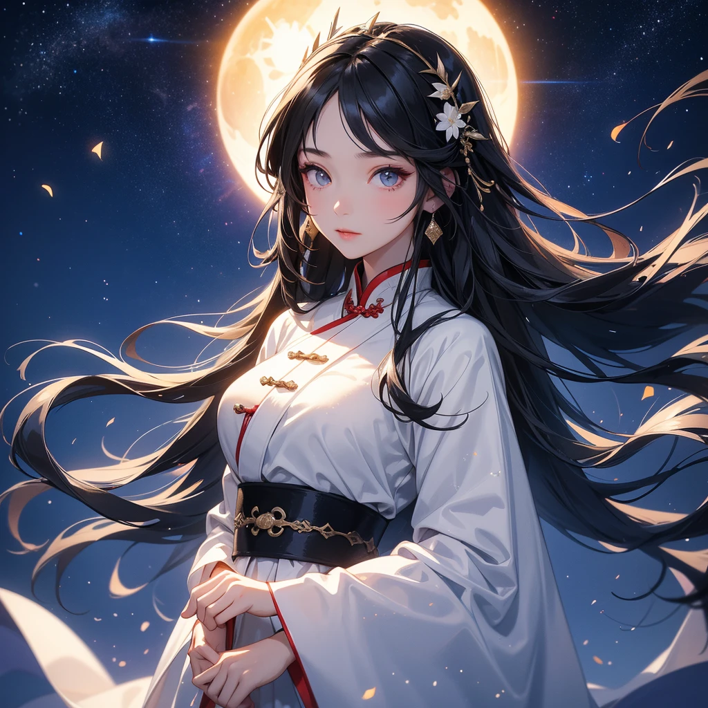 A beautiful girl with black long hair, wear white ancient chinese clothes, with the sun shining on her face.
Background is a dark night, with moonlight and millions of stars, twinkling everywhere, with blue light