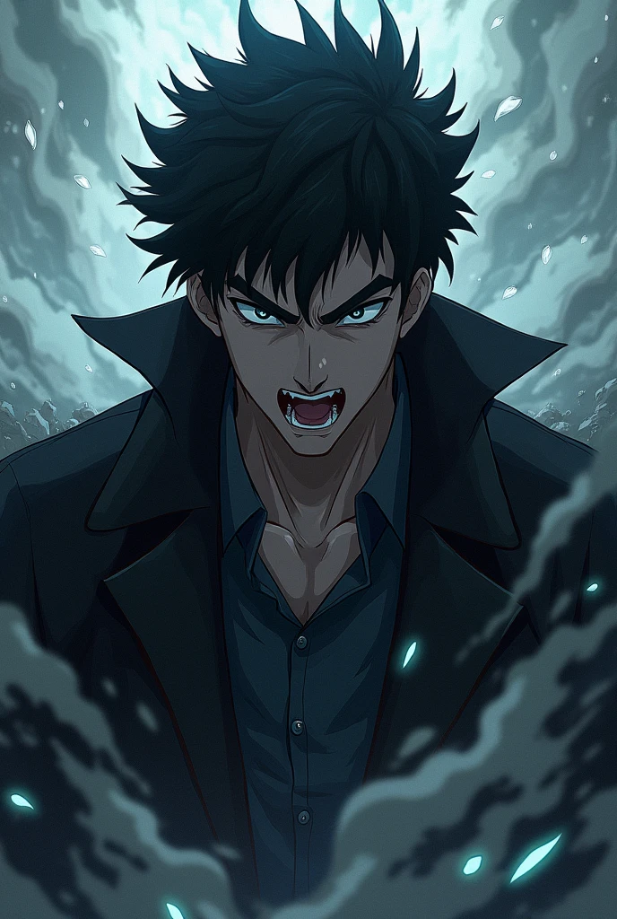 A guy who's in void and his mouth saying subscribe but don't add text of subscribe don't create full body just half body with face doing some action with good wallpaper create in anime manga sense and make it little bit evil type character and makie him doing some action like he's about to do some special move make background manga