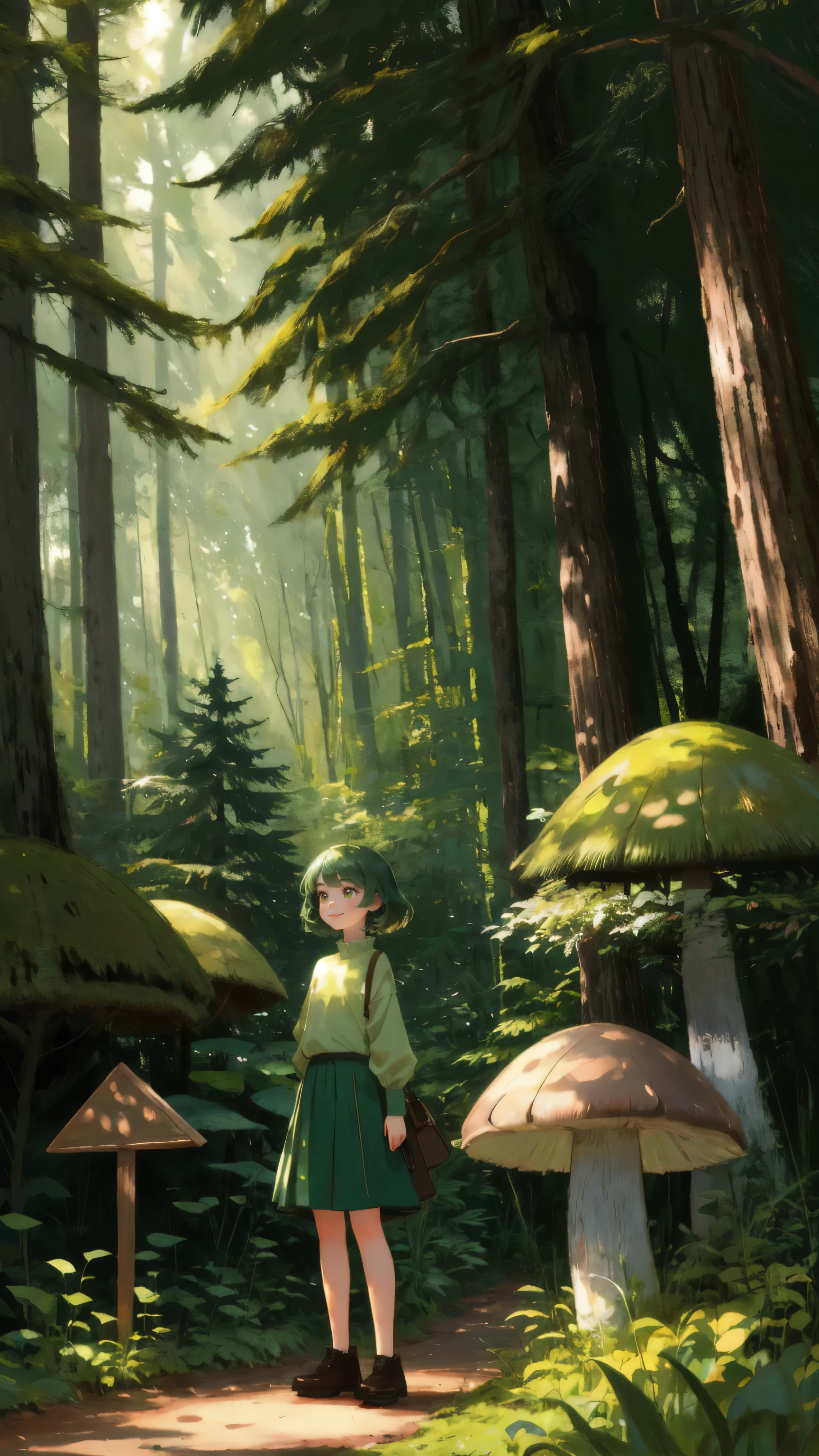 Create an image of a joyful young girl with playful features in a lush forest setting. She has expressive, big eyes and a wide smile, and she's wearing green moss-like clothing resembling a skirt. She is playfully posed beside a wooden sign post without any text. The background features tall, stylized trees with round, dense canopies and a soft, ambient light that suggests early morning. The forest floor is dotted with small plants, mushrooms, and a cute, cartoon-style squirrel observing quietly. The path is well-trodden dirt, curving gently into the dense forest.