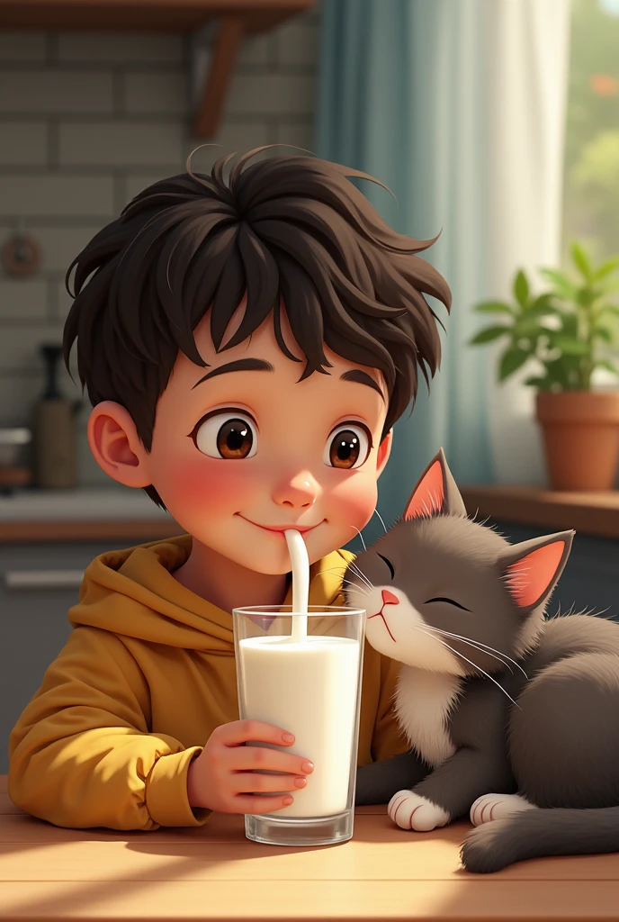 "A young boy drinking milk with a cat sitting beside him."