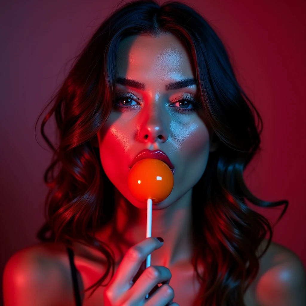 The poster features a sultry image of an adult woman with an alluring gaze, her lips parted as she seductively licks a brightly colored lollipop. Her eyes are half-closed, exuding a sense of desire and playfulness. Her hair cascades in loose, sensual waves, framing her face and drawing attention to her luscious lips. The background is a gradient of deep, rich tones, enhancing the provocative and enticing atmosphere of the image. This poster captures the essence of temptation and allure, making it a captivating and bold piece of art.