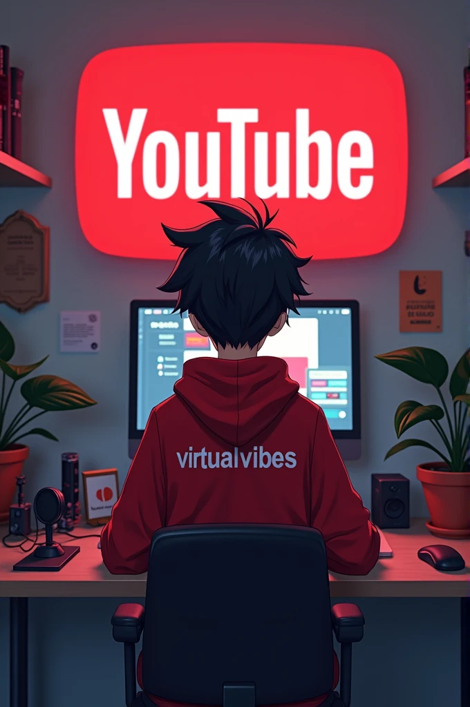 creat an image of "A 18 years anime boy ,sitting in front of a computer desk with a microphone and red hoodie with the channel name "VIRTUALVIBES."The background includes a large youtube logo on the wall, potted plants on eighter side, and various recording equipment "