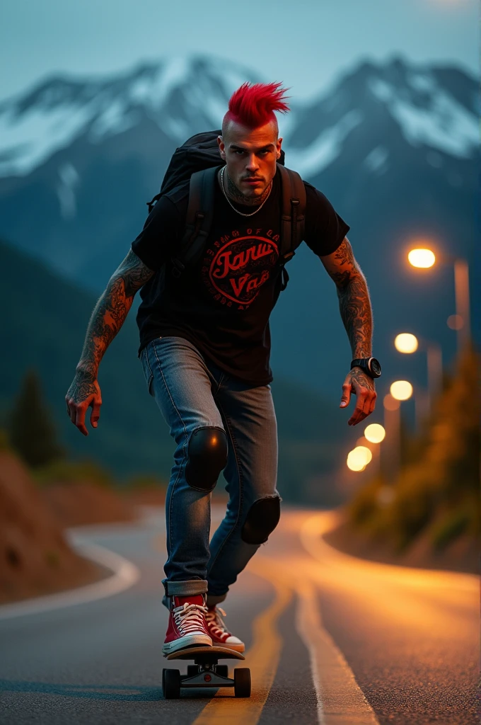 a fat young handsome Punk skateboarding with red mohawk and upturned jacket covered in tattoos on his arms,he is bodys is fat with a cool pose, confidently riding a skateboard down a winding mountain road ferry fasted and showing a free style, framed by the night golden light of the street. He is wearing a black t-shirt with a vintage VAN logo on his chest and a bag on his back, and denims jeans and use red converse shoes. The man look at the camera, his hands protected by black gloves, adding a personal touch to the thrilling scene. He also wears knee and elbow pads, ensuring safety as he navigates the turns with ease. The background is midnight lanscape features rolling green hills and snow-capped mountains in the distance, creating a stunning contrast to the rider’s dynamic movements, amplifying the excitement. In the distance. The image exudes the thrill of downhill skateboarding, the beauty of the natural scenery, and the fearless energy of the rider, with an Instagram-worthy night atmosphere.