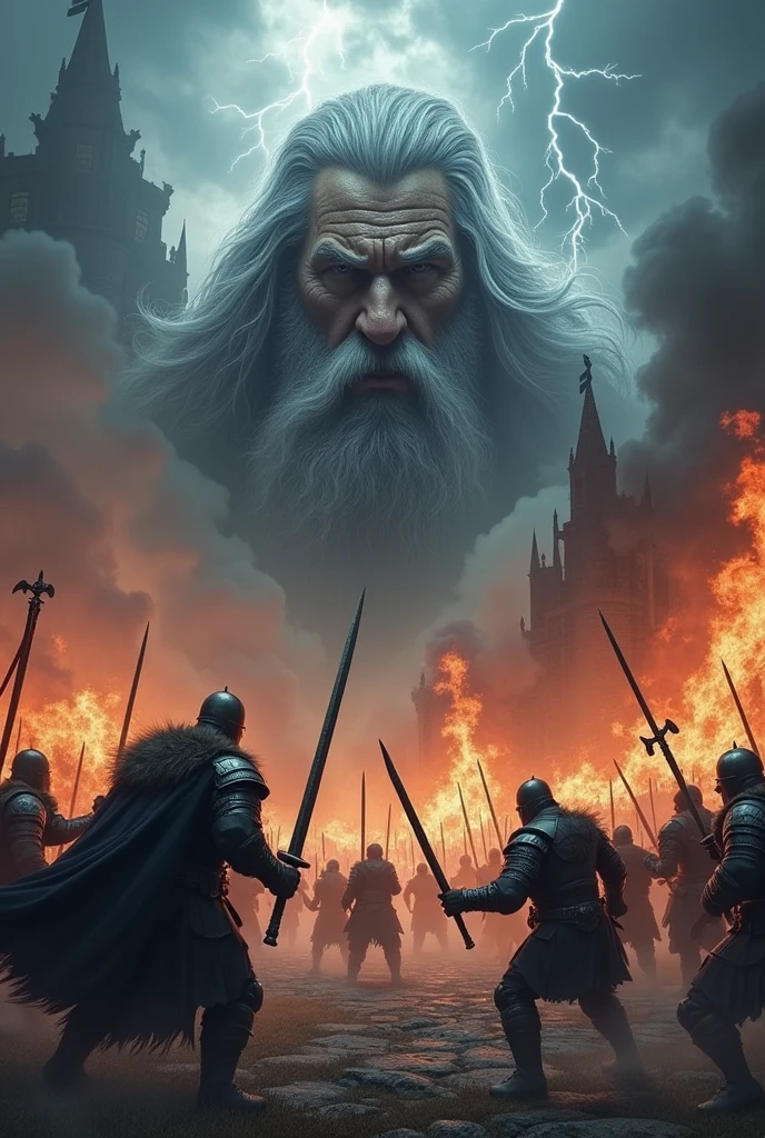 burning castle, natta, viking warriors in battle, lightning, face of a God gray hair and beard with scar the eye appearing in the clouds