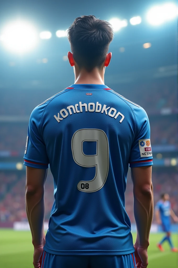 Design a football shirt with the words KONCHOBKON 9 written on the front and champ 08 written on the back. Blue shirt with white stripes.