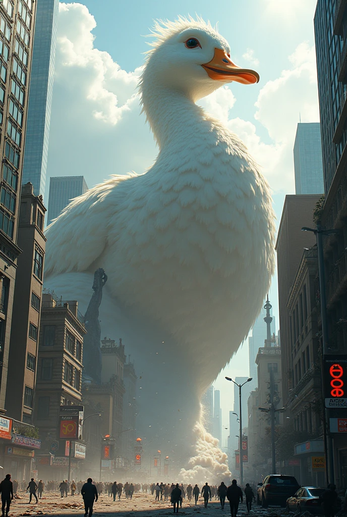 A picture of a duck, make it big like Skyscraper make it destroy the city
