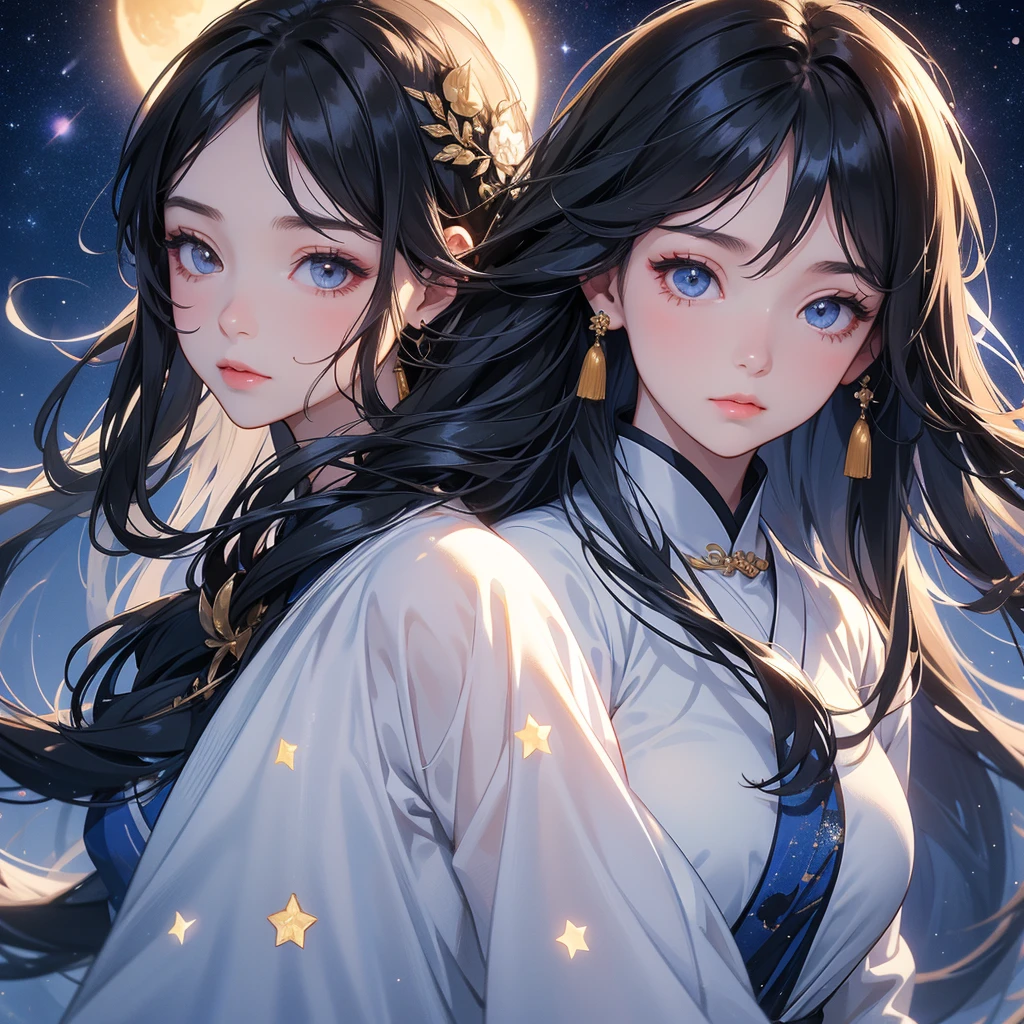 A beautiful girl with black long hair, wear white ancient chinese clothes, with the sun shining on her face.
Background is a dark night, with moonlight and millions of stars, twinkling everywhere, with blue light