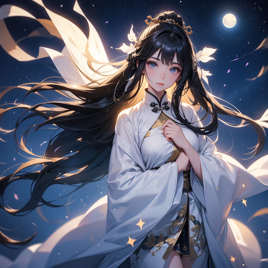 A beautiful girl with black long hair, wear white ancient chinese clothes, with the sun shining on her face.

Background is a dark night, with moonlight and millions of stars, twinkling everywhere, with blue light