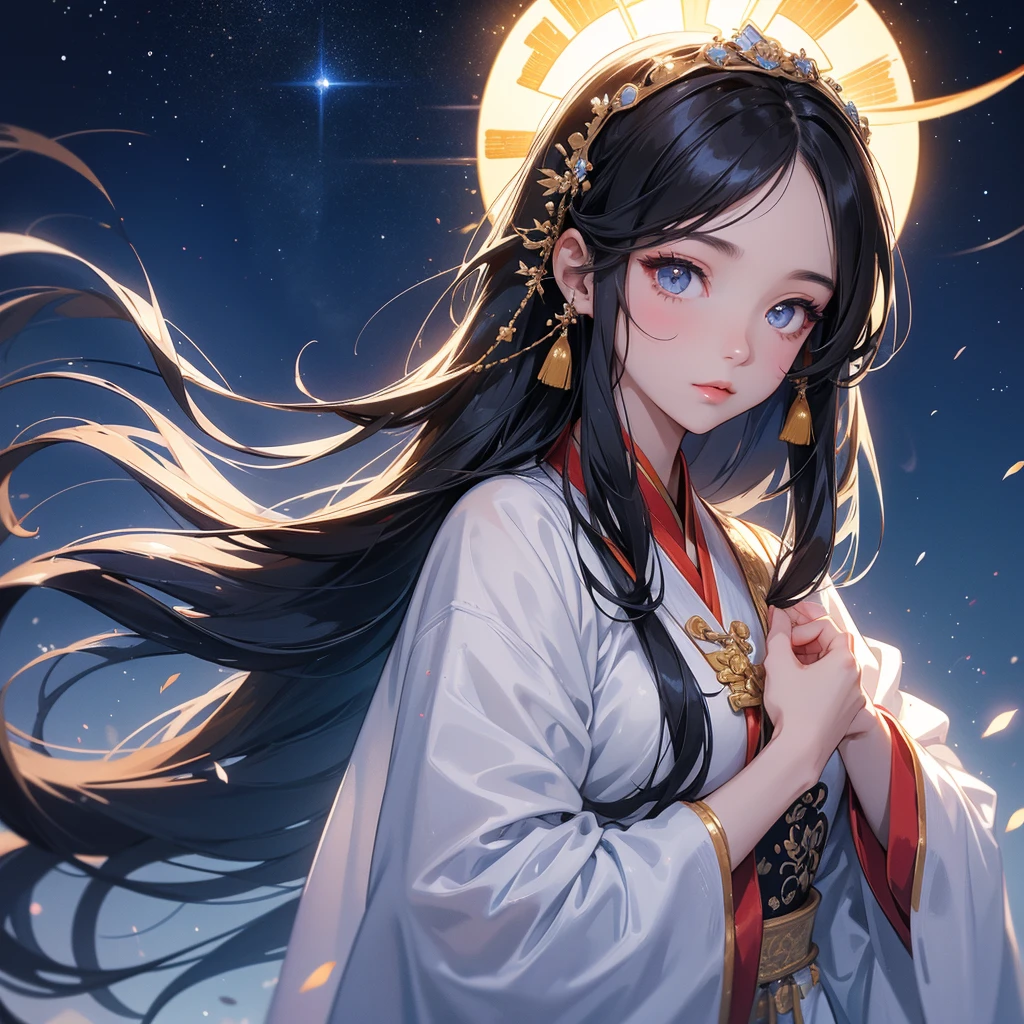 A beautiful girl with black long hair, wear white ancient chinese clothes, with the sun shining on her face.
Background is a dark night, with moonlight and millions of stars, twinkling everywhere, with blue light