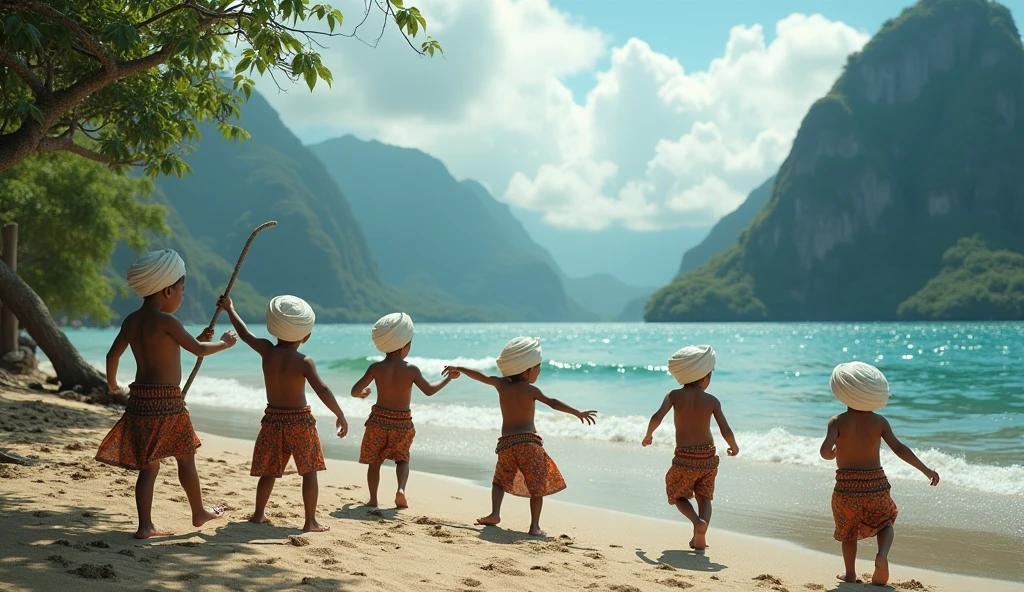 Village from ancient Ternate island, Maluku, Indonesia, beside a ocean and mountain, a young childrens playing together in ancient Ternate clothing and wear a white traditional Ternate turban, there is no peoples, hyper realistic, masterpiece, best quality, ultra-detailed, UHD, 64K