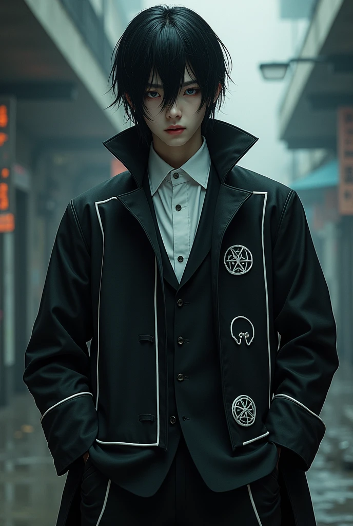 Cartoon, paranormal order trait A man, Cao Cao, considerably young, with straight black hair that falls over her eyes, black eyes with deep dark circles, wearing a kind of mix of black suit with black overcoat, and inside the suit a white shirt, a pair of black sweatpants, your coat has white details, your overcoat has a kind of "layer" black with symbols on the edges and inside.