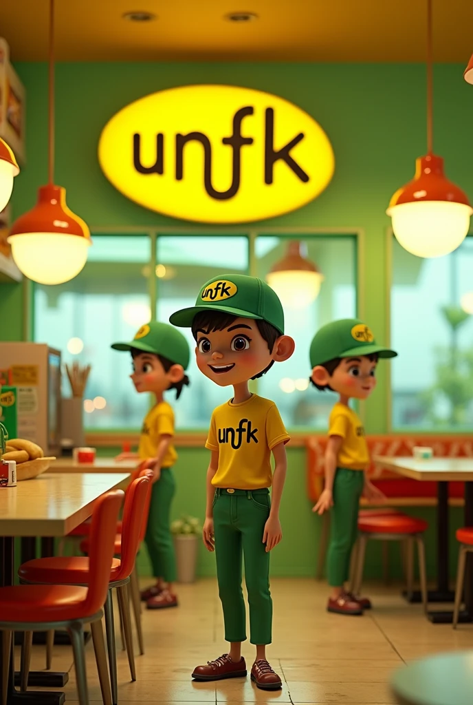An animated restaurant but restaurant name is UNFK with employees wearing an UNFK Face Cap, UNFK t-shirt, Lemon green interiors.