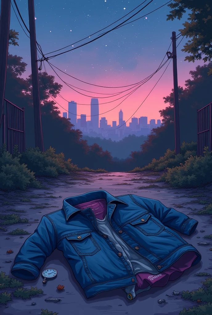 Lofi image of realistic denim jackets shirts shoe jeans lying on the ground with cityscape in background and pink purple and blue starry sky
