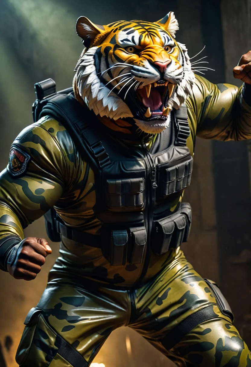(a dark-skinned fat muscular old man in a bulky army camouflage zipper diver suit) fist up pose, carrying an AK-47, (wearing a small-sized realistic roaring tiger mask), dynamic action pose, fierce expression, roaring, showcasing an imposing stature, dramatic shadows and intense highlights, cinematic color tones, high detail, powerful, art influenced by Bruce Onobrakpeya and Stanley Artgerm, ultra-detailed, best quality image, action-packed atmosphere.