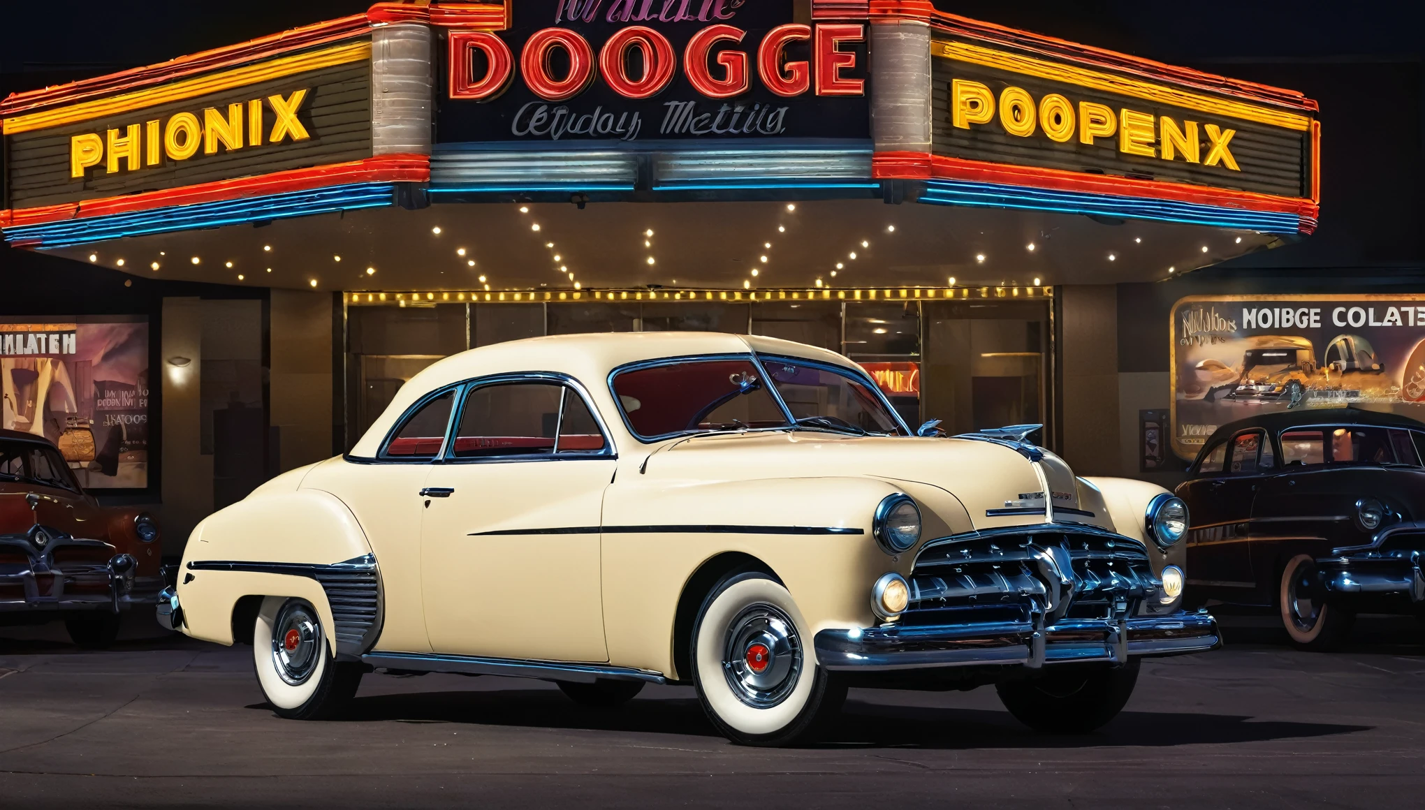 Create imaginative and amazing images, hyper realistic, 8k, vibrant colors, sharp crisp image, A 1952 cream colure Dodge phoenix coupe parked in front of a large movie theater at night, key words > Dodge Phoenix}