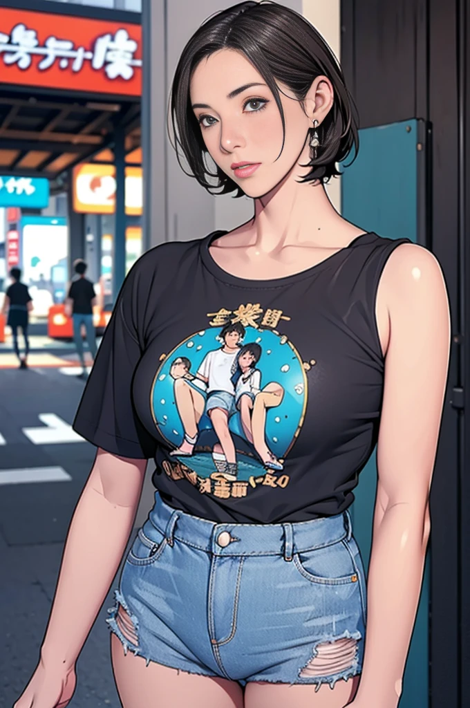 individual,short hair,Photorealism,detailed,masterpiece,teenager,Beautiful girl,Denim shorts,Bustling streets of Tokyo,t-shirt,Puzzled