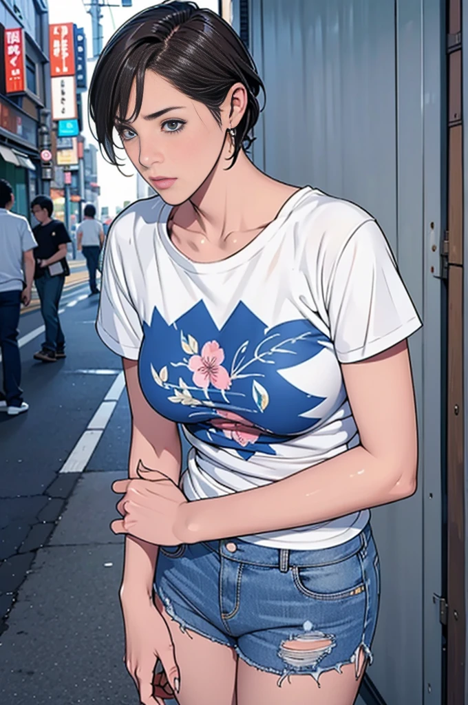 individual，short hair，Photorealism，detailed，masterpiece，teenager，Beautiful girl，Denim shorts，Bustling streets of Tokyo，t-shirt，Puzzled
